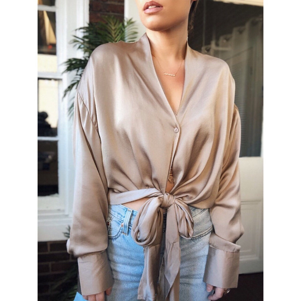 KLY Tie Front Blouse Top - Taupe - Picture 5 of 8